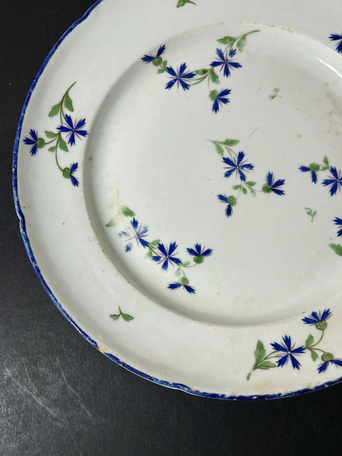 Pair Antique Plates Blue Cornflower Sprig Barbeau Pattern Blue Rim 24cm10