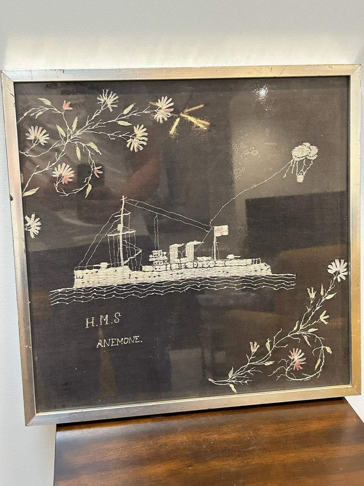 Antique WW1 Sailor Silkwork Embroidered Picture HMS Anemone Royal Navy Framed0