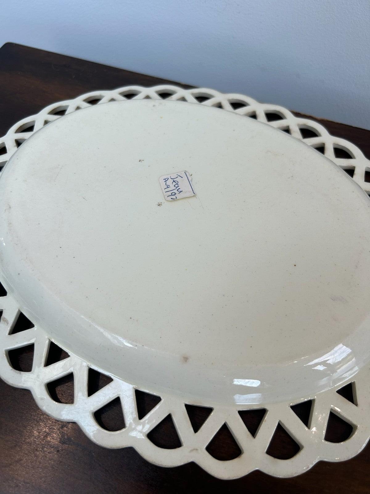 Antique Creamware Oval Dish Pierced Lattice Rim Painted Leaf Border c1800 30cm7