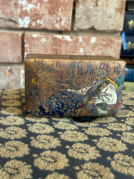 Vintage Carved Painted Wooden Box Relief Figure Deity Polychrome Hinged Lid0