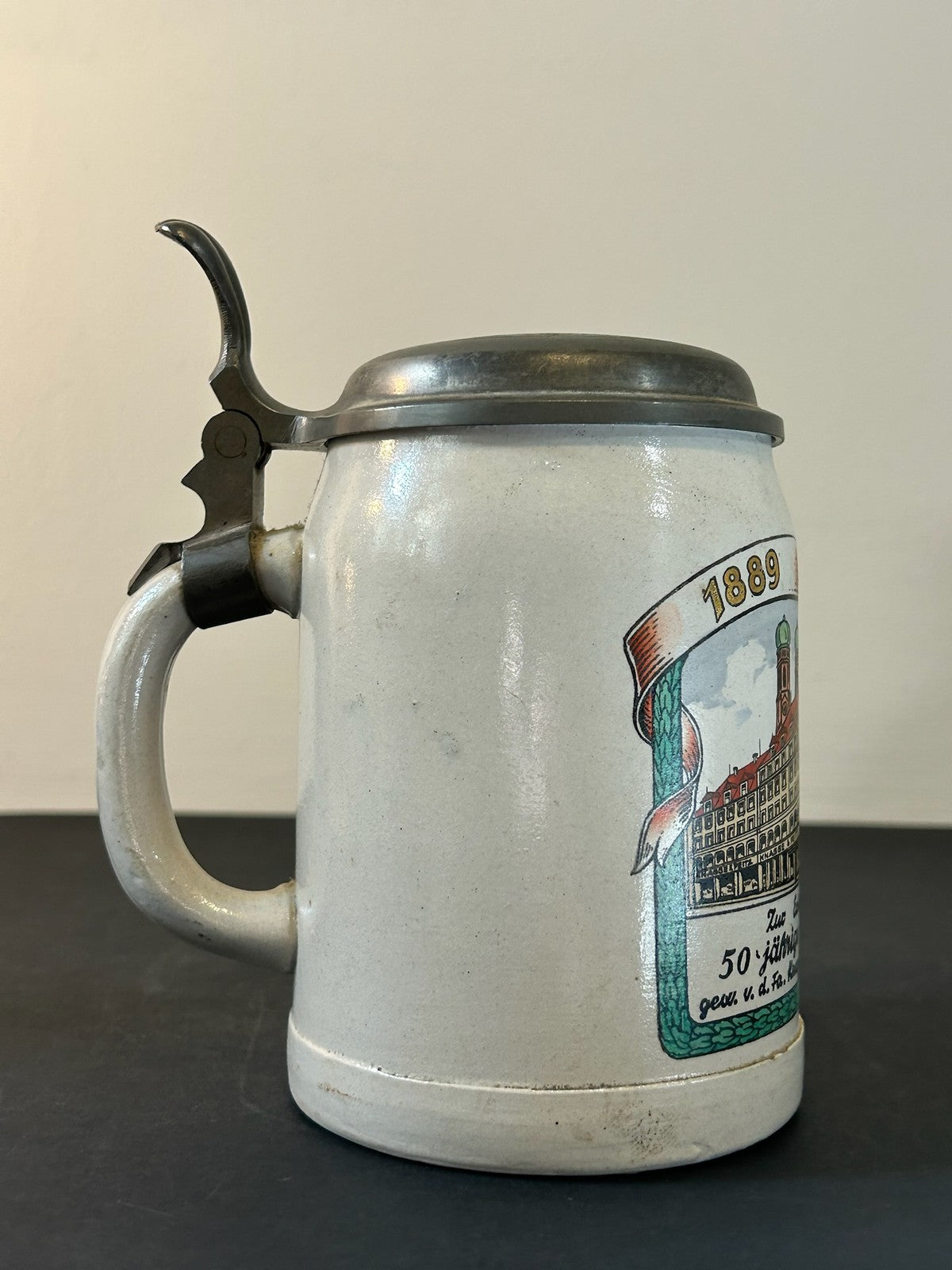 1939 Knagge & Peitz Munich 50 Year Jubilee Stoneware Beer Stein Pewter Lid1