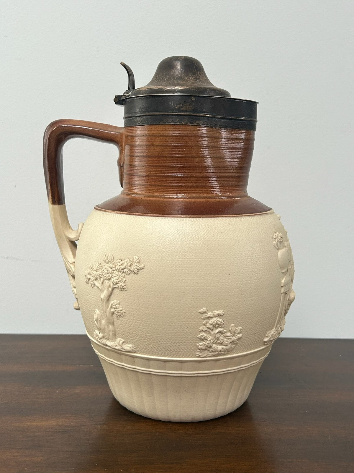 Large Turner Stoneware Jug Silver Lid 25cm c1800 Sprigged Hunting Georgian3