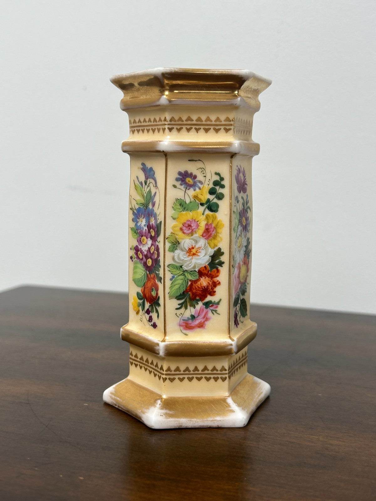 Antique Porcelain Hexagonal Spill Vase Gilt Ground Hand Painted Flowers2