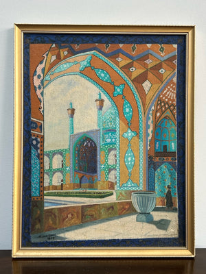 Orientalist Oil Painting Persian Mosque Courtyard Signed Almazani Framed