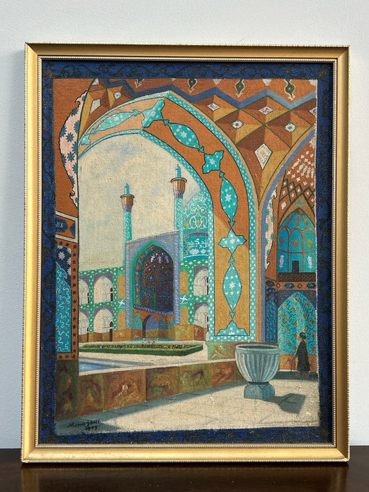 Orientalist Oil Painting Persian Mosque Courtyard Signed Almazani Framed0