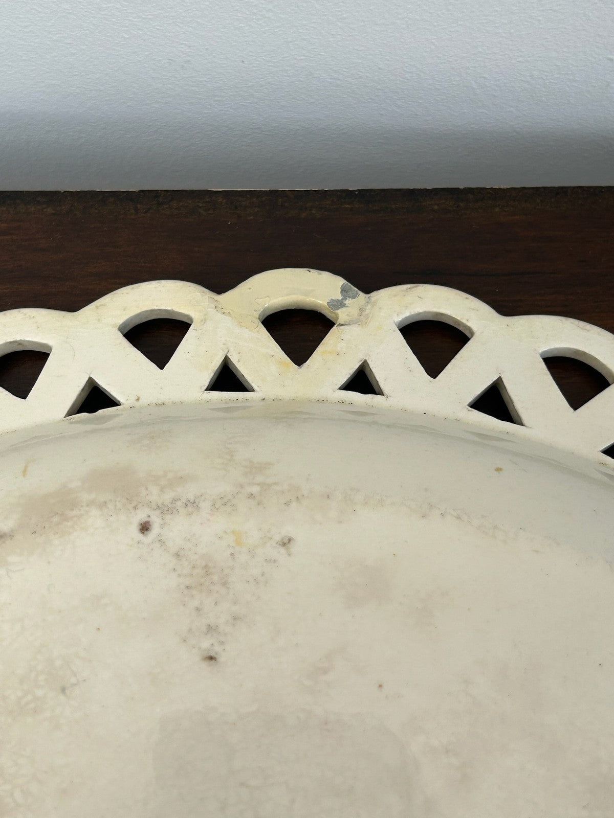 Antique Creamware Oval Dish Interlaced Pierced Border Brown Line6