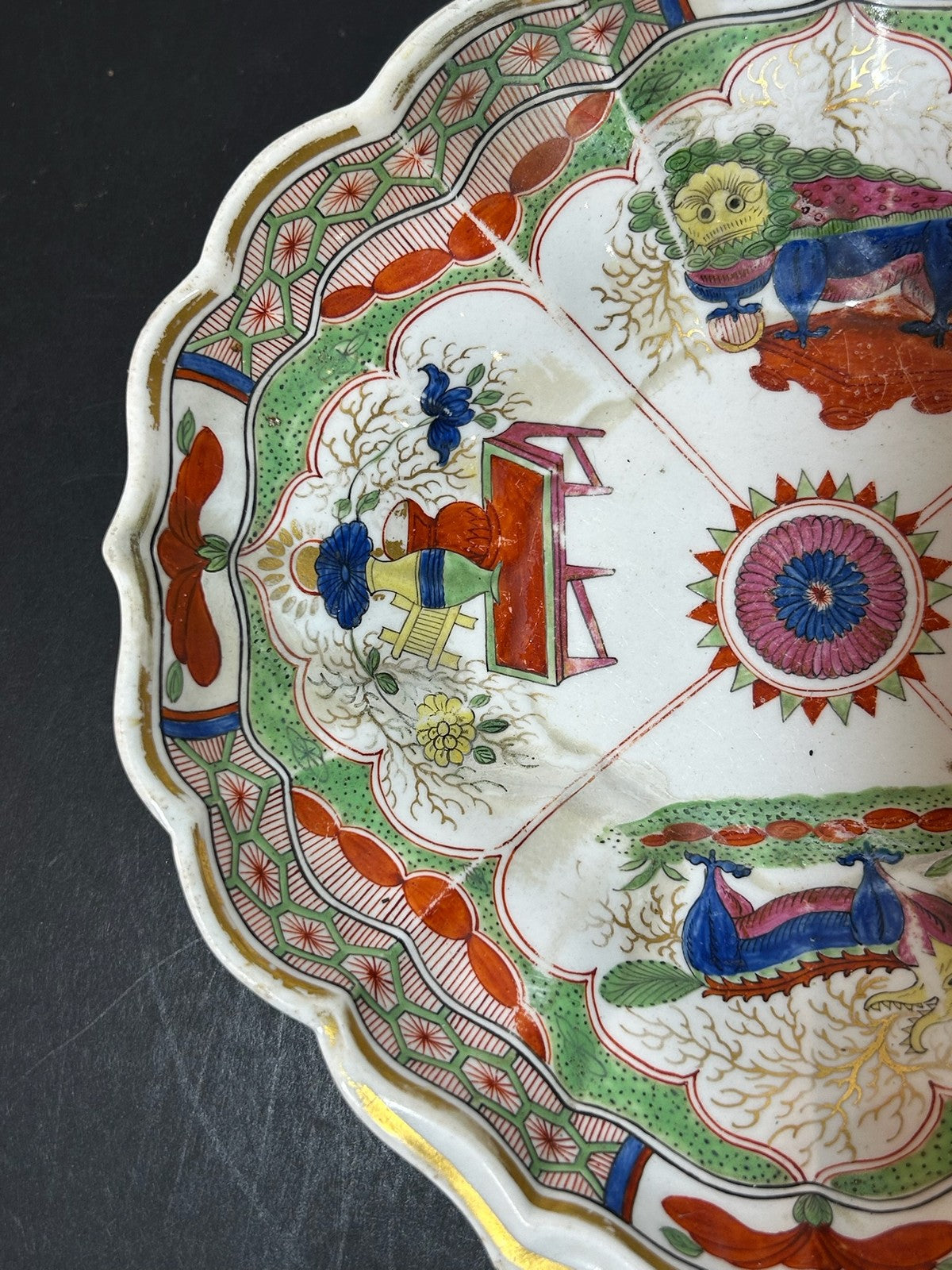 Antique Dragons in Compartments Pattern Lobed Dish Chinoiserie Regency 20cm AF1