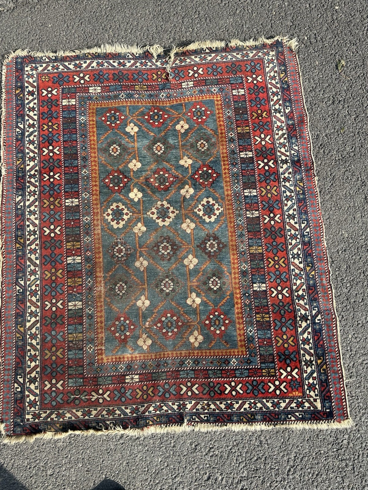 Antique Caucasian Kuba Rug c1900 Blue Lattice Chichi Hand Knotted Wool 127x155cm1