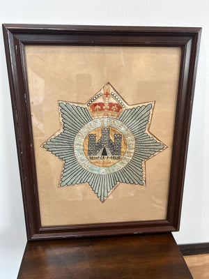 Antique Framed Embroidered Silk Regimental Badge Castle Crest