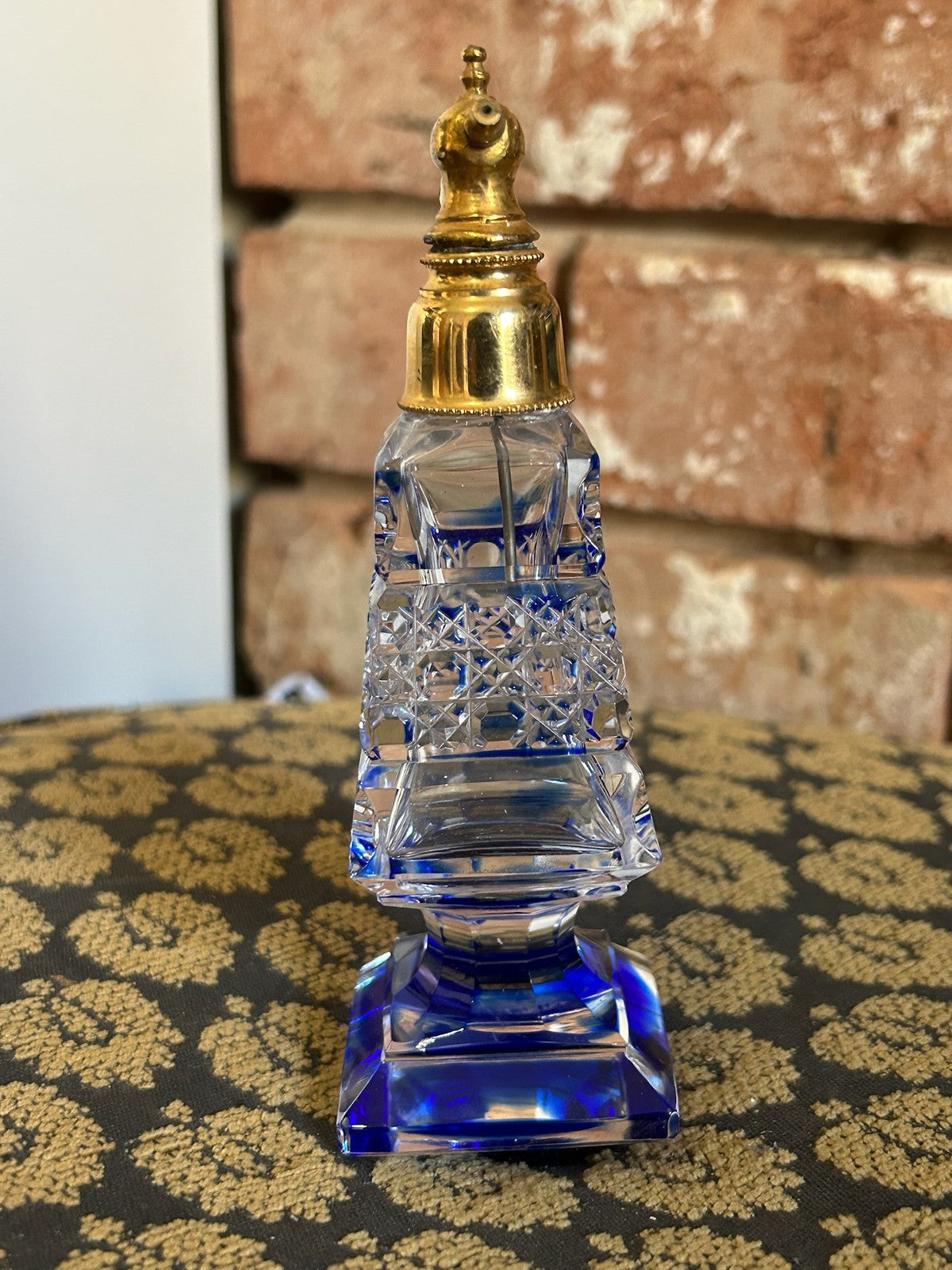 Vintage Czech Style Cut Crystal Perfume Atomiser Cobalt Blue Base Gilt Head2