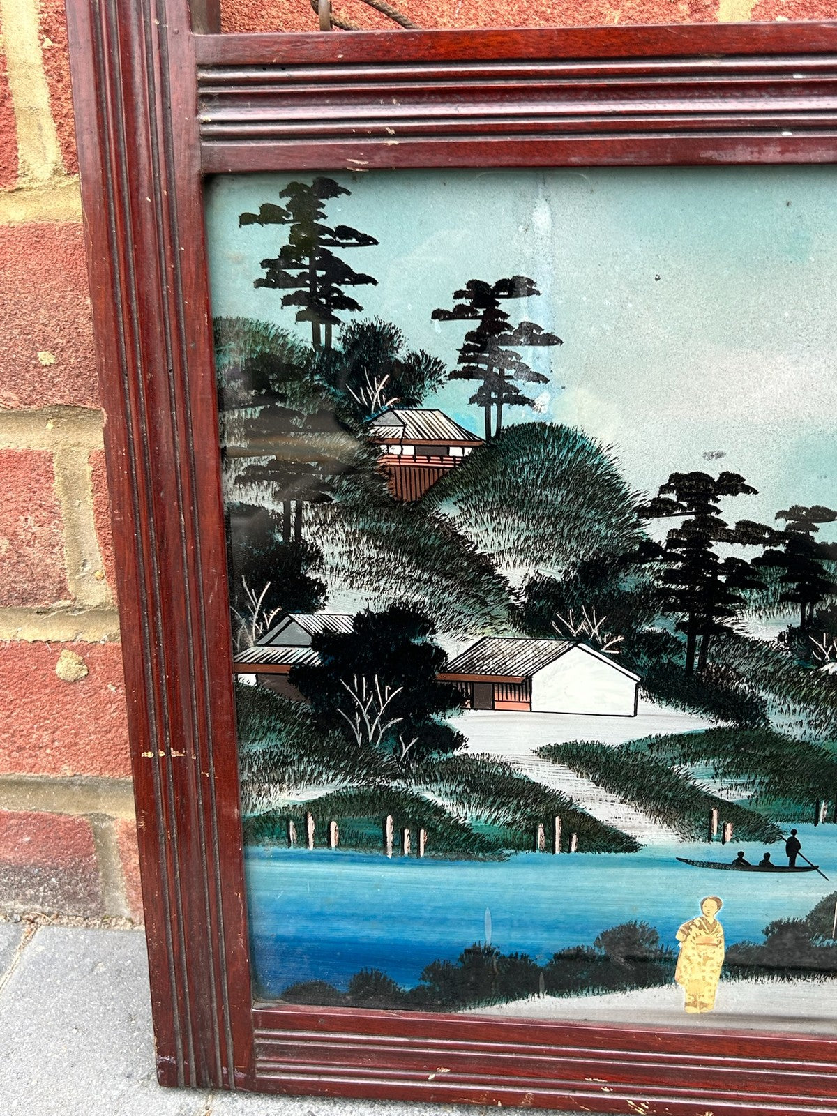 1920s Japanese Reverse Glass Painting Mother of Pearl Wall Hanging Antique1