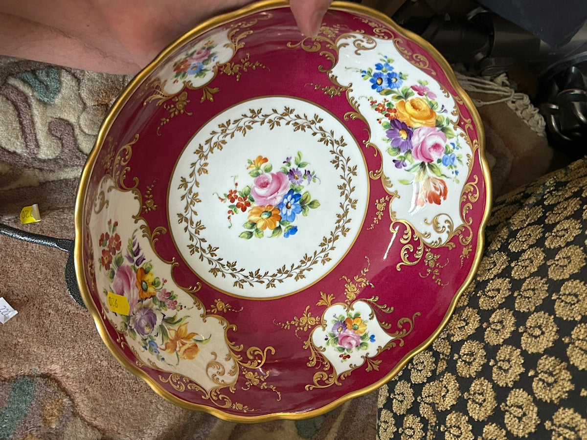 Le Tallec Paris Hand Painted Porcelain Bowl Crimson Gilt Floral Scalloped Rim6