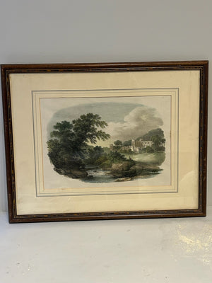Antique Hand Coloured Print River Landscape Woodland Swan Gallery Label Framed