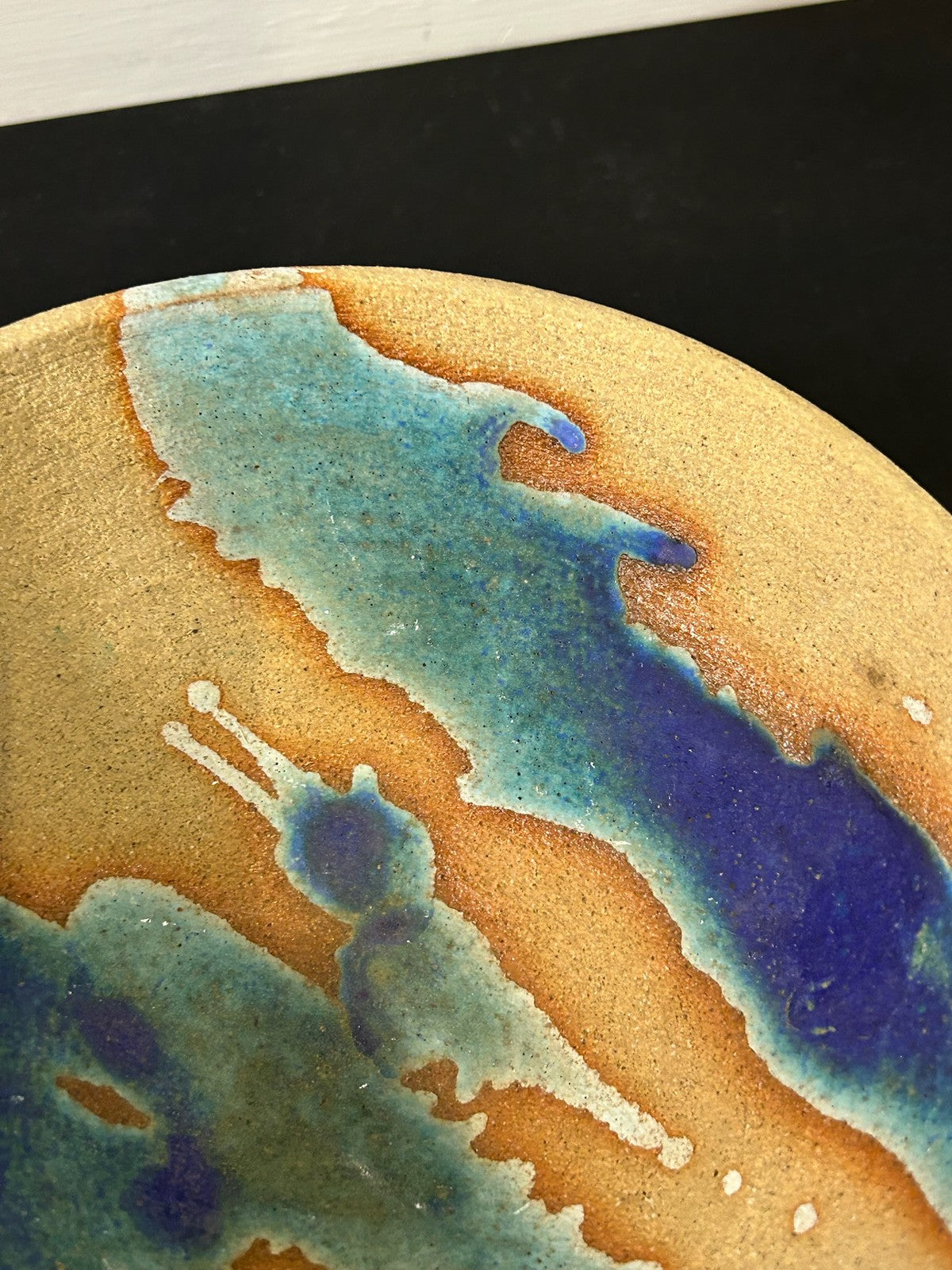 Studio Pottery Stoneware Bowl Blue Turquoise Amber Glaze Splashes 18cm4