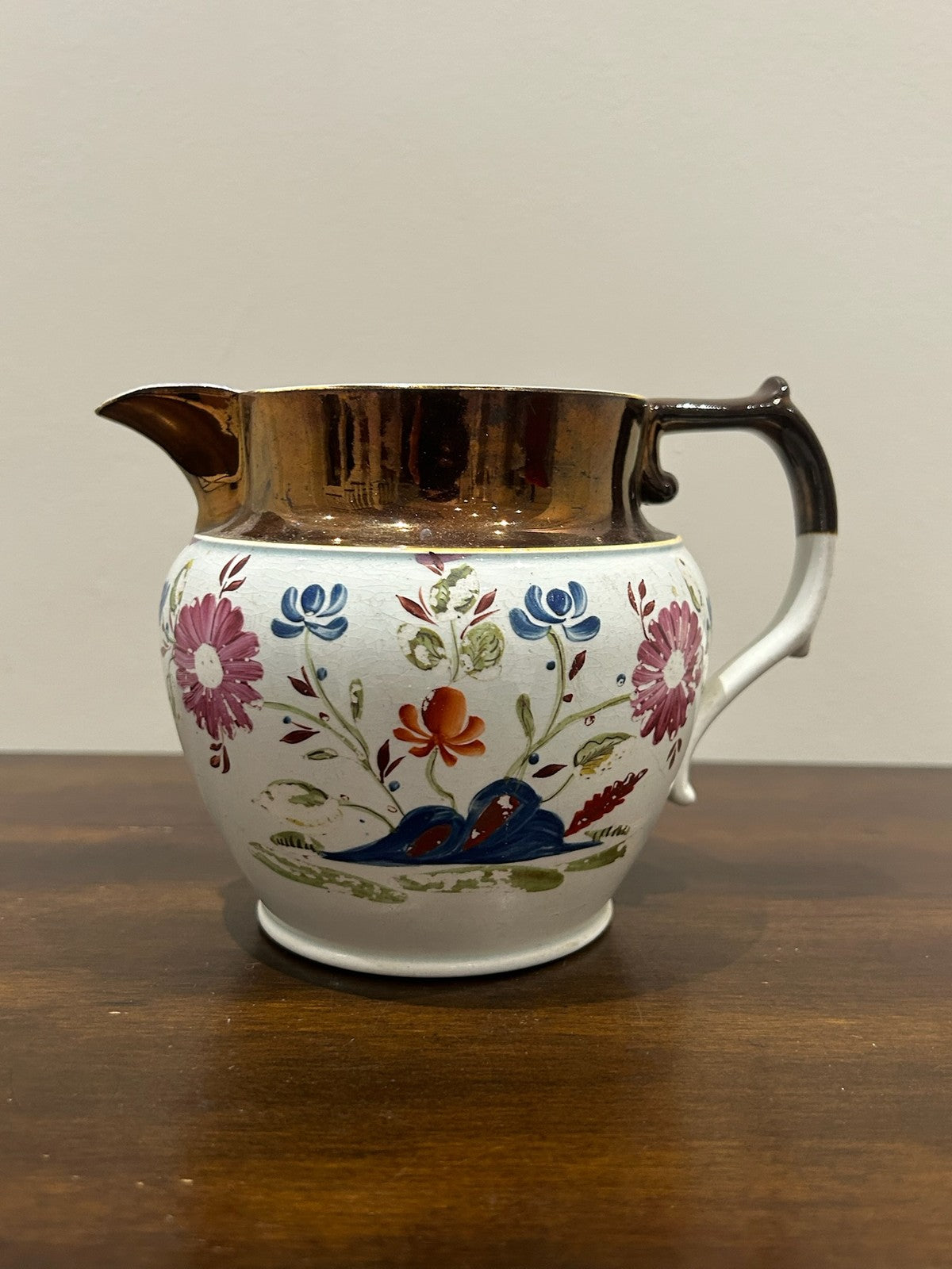 Victorian Copper Lustre Jug Hand Painted Floral Band A/F0