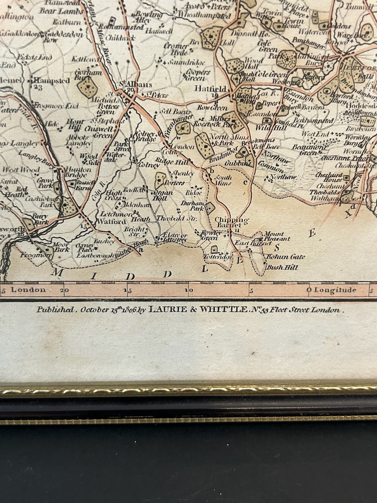 Laurie & Whittle Hertfordshire Antique Map 1806 Hand Coloured Framed 28x24cm3