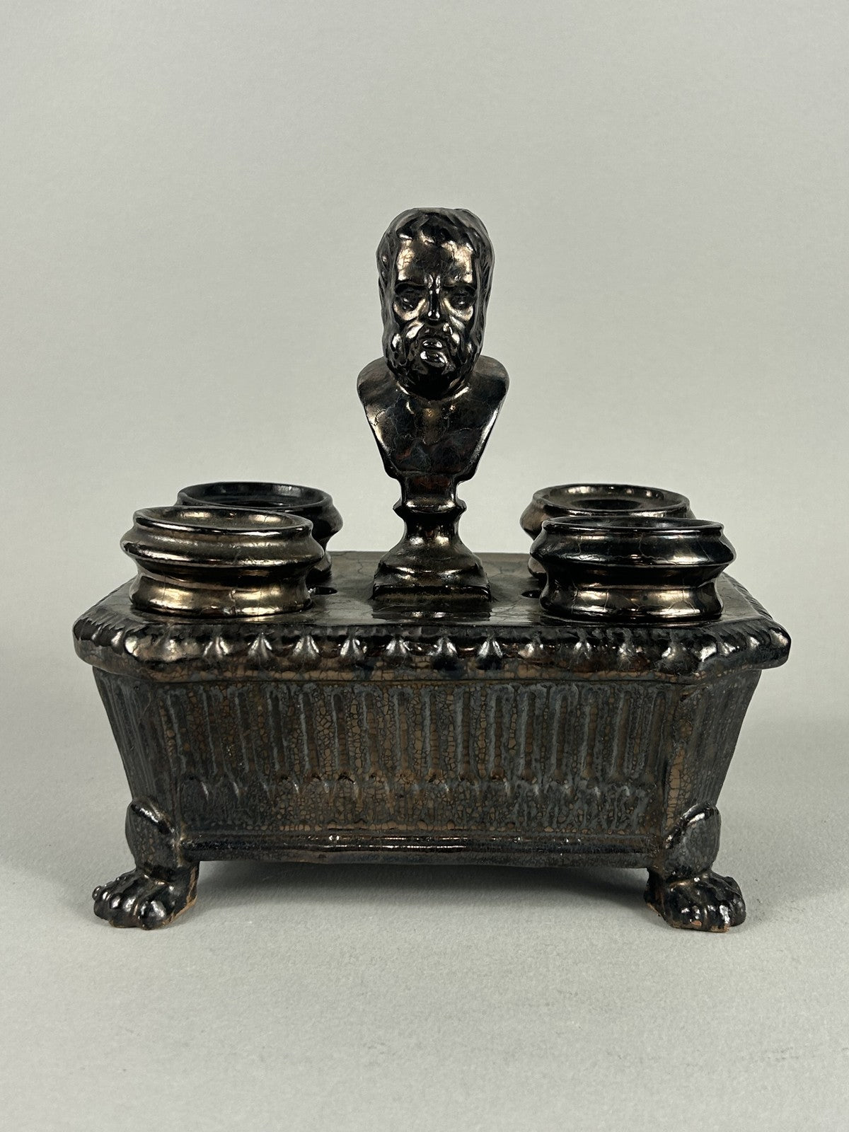 Early Staffordshire Silver Lustre Philosopher Inkstand with Four Pots