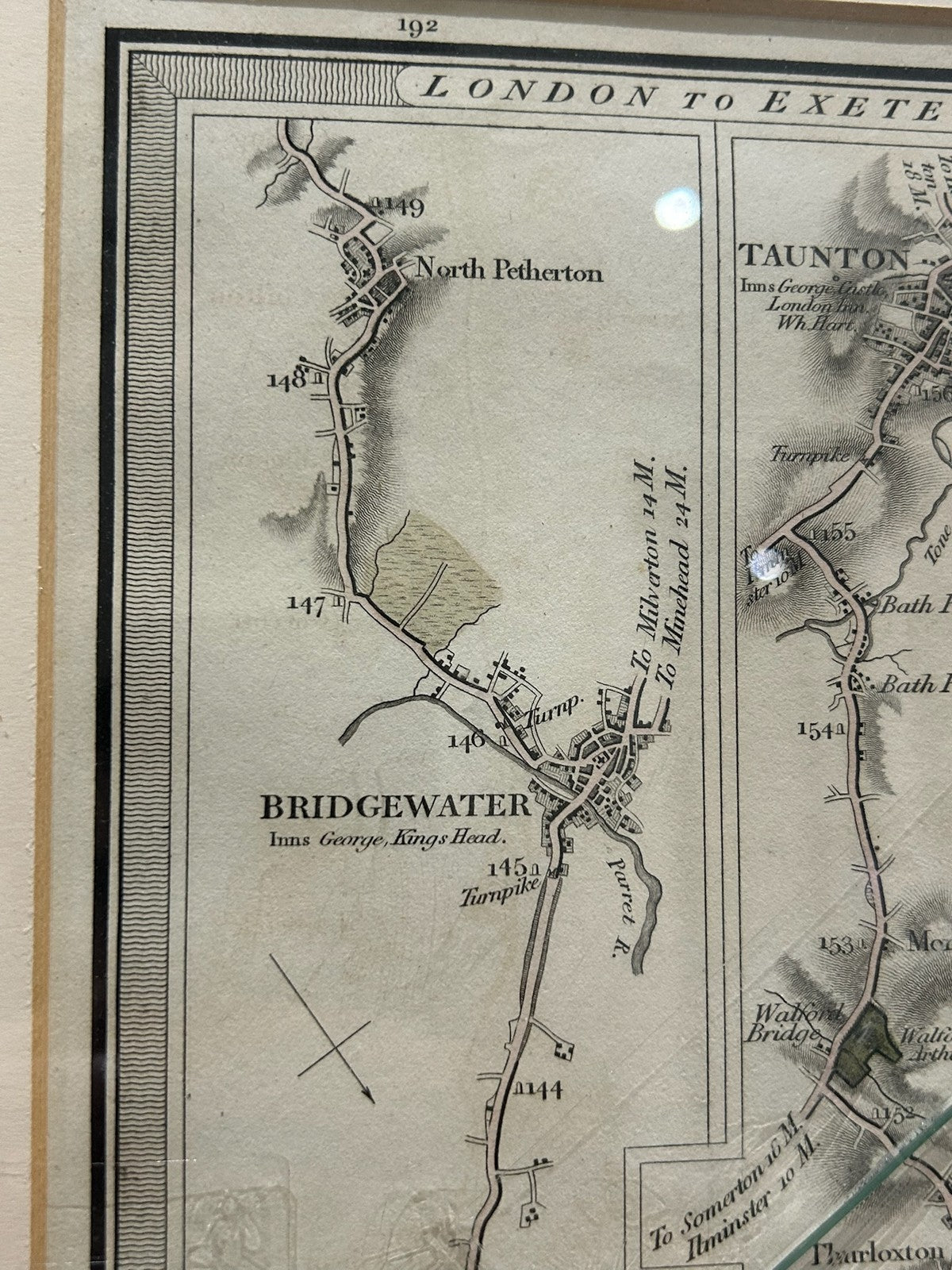 Antique 1822 Mogg Survey High Roads Map London to Exeter Taunton Framed2