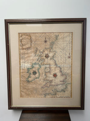 Antique Engraved Sea Chart England Scotland & Ireland Hand Coloured Framed Map
