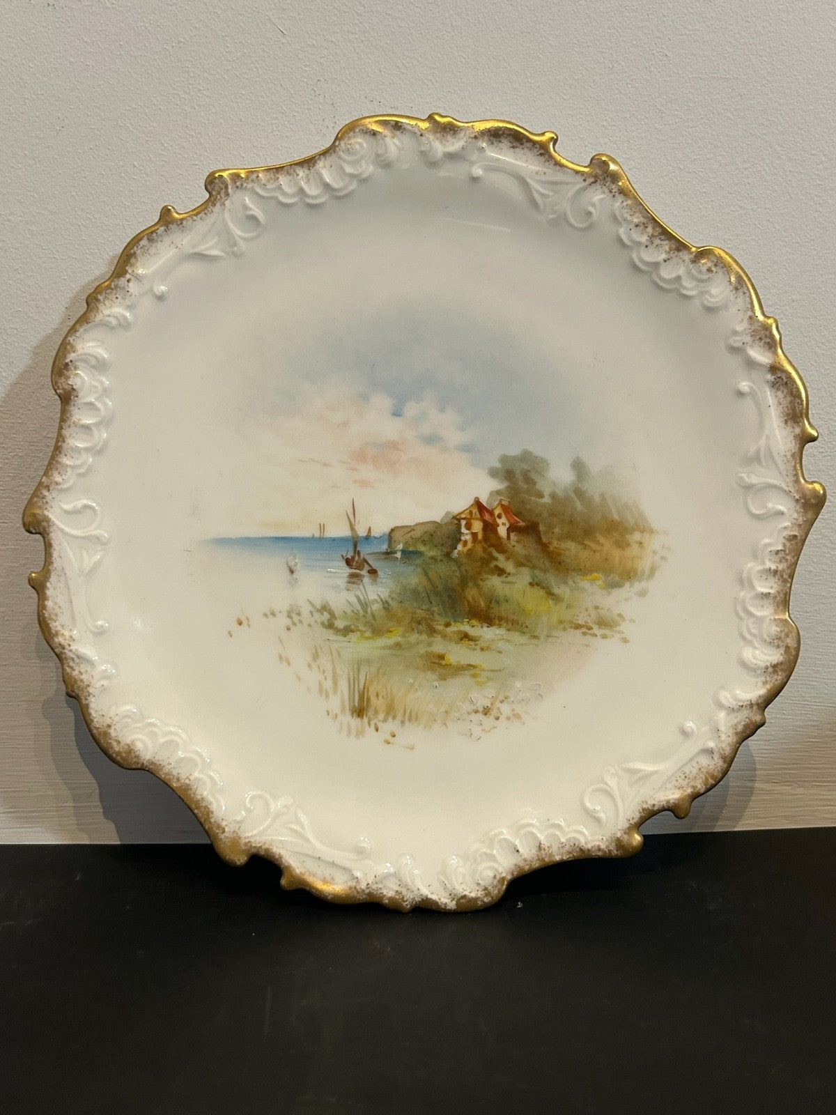 Antique Limoges Coiffe Hand Painted Plate Landscape Gilt Rim 23cm0