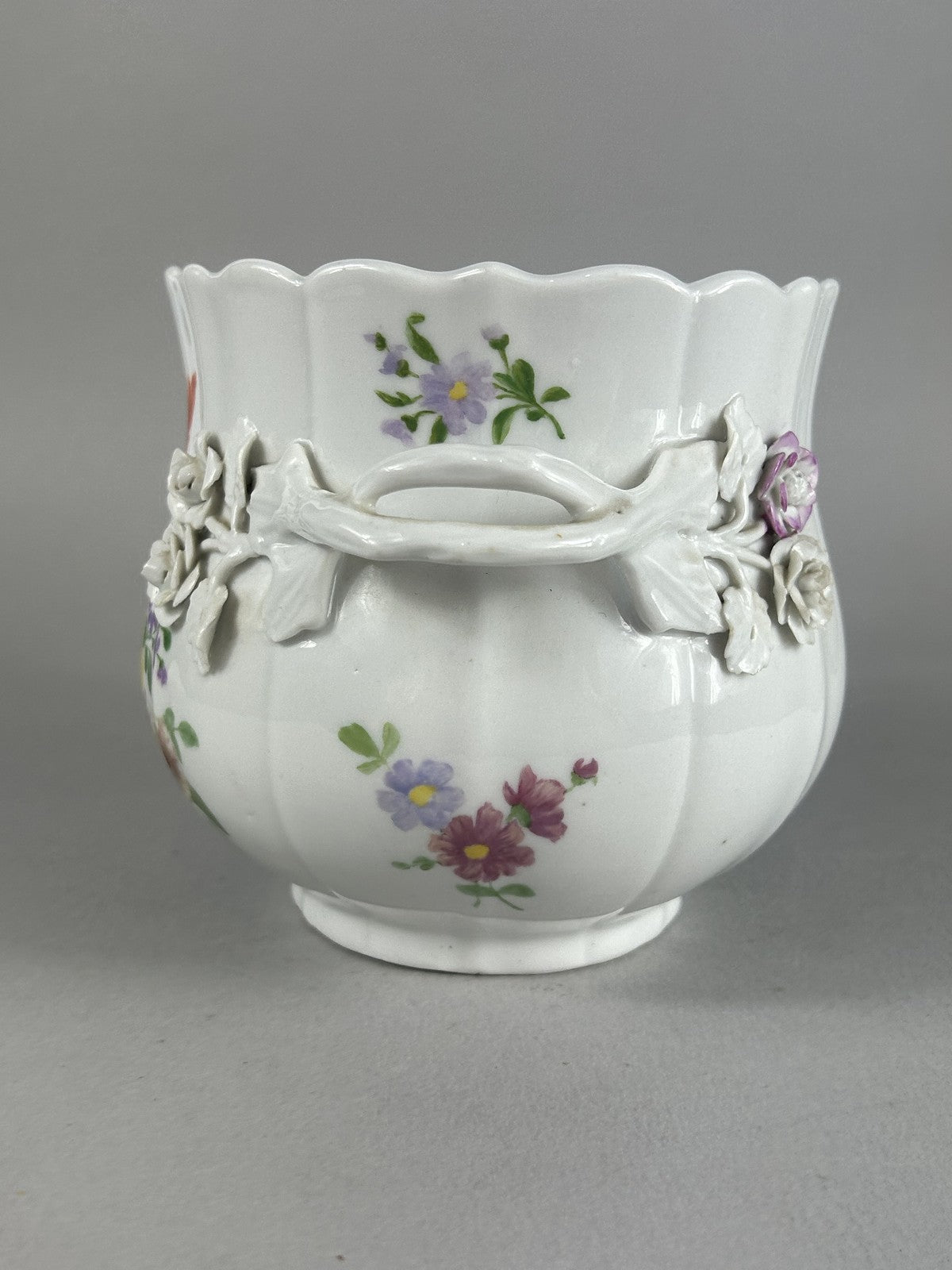 Meissen style porcelain two handled floral bowl with applied roses
