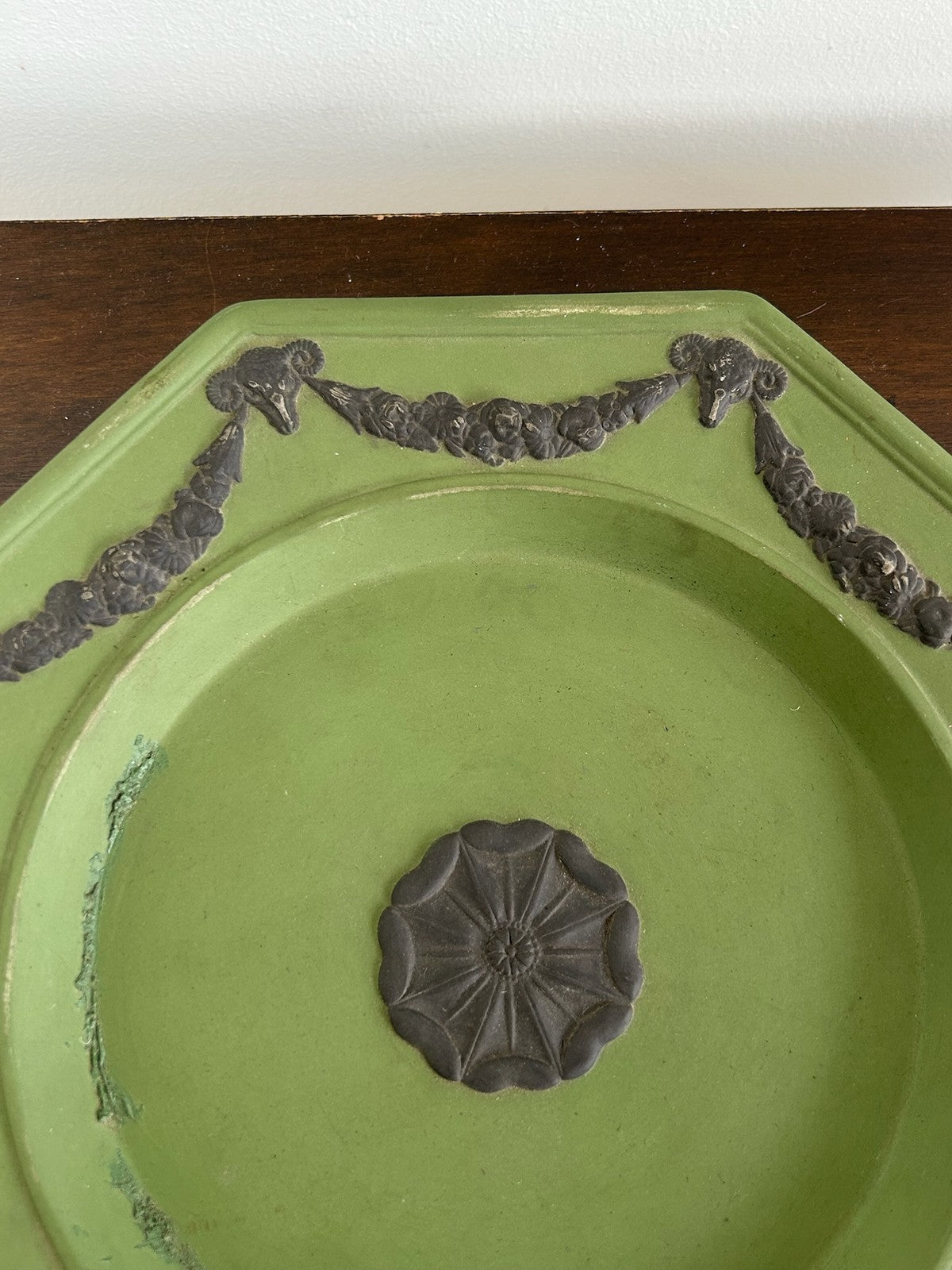Antique Green Jasperware Octagonal Plate White Relief Swags 19th C 23cm4