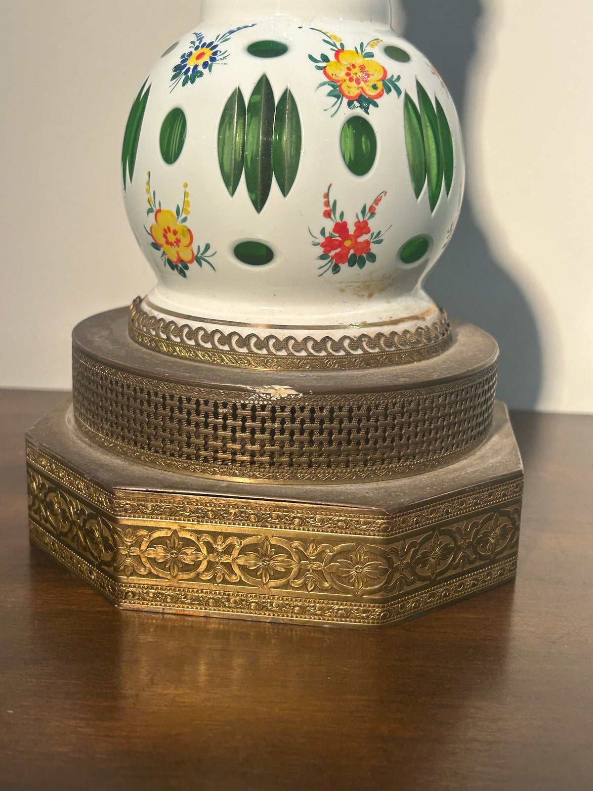 Antique Bohemian Overlay Glass Oil Lamp White Cut Green Hand Enamelled Brass8