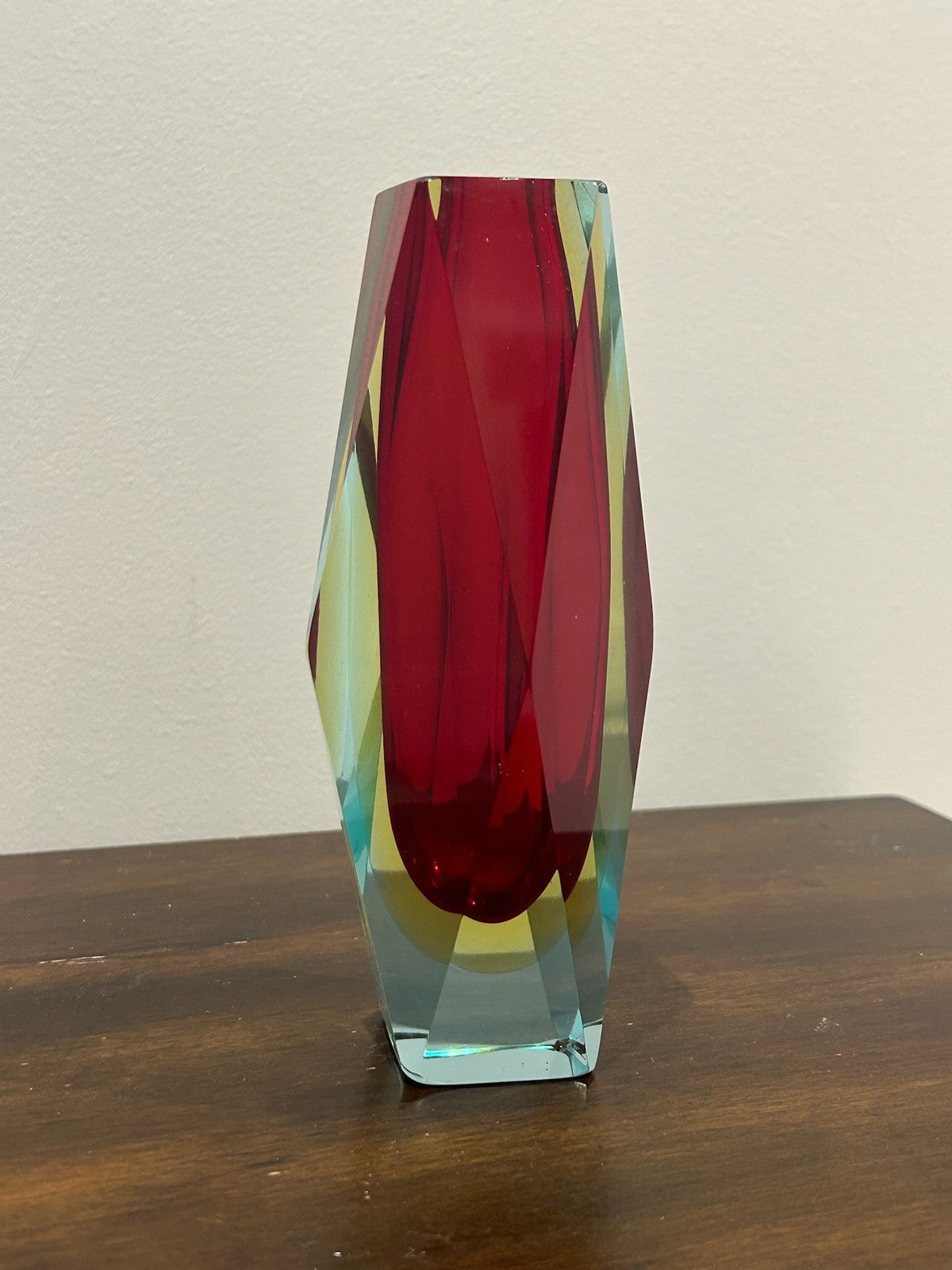 Murano Sommerso Faceted Glass Vase Red Yellow Mid Century0