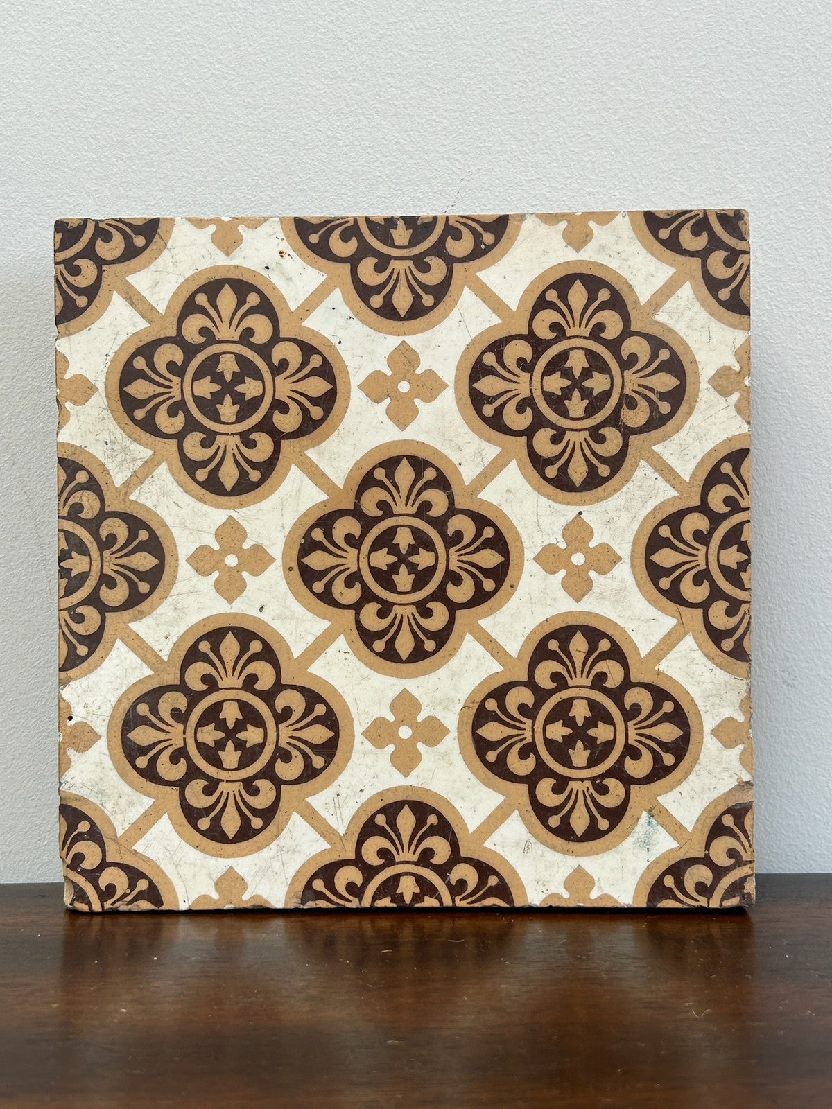 Victorian Brown Transfer Printed Tile Quatrefoil Pattern0