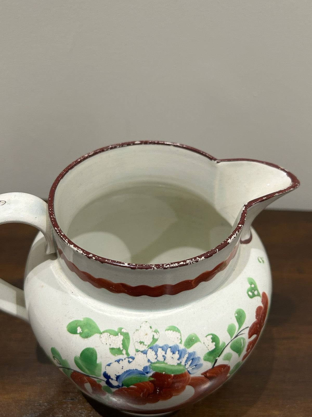 Georgian Pearlware Jug Hand Painted Enamel Red Roses Brown Rim c.18204