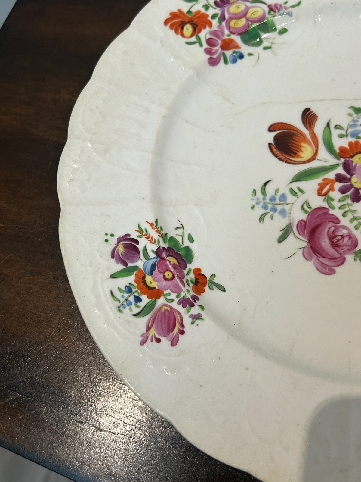 Antique Hand Painted Moulded Rim Dessert Plate Floral Bouquets Roses1