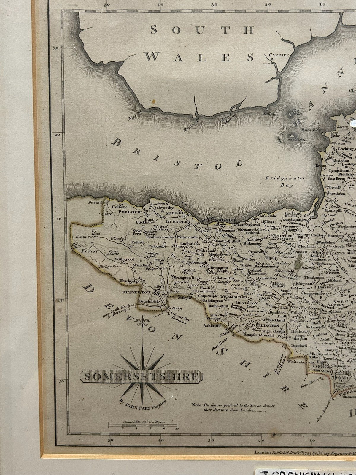 Antique 1793 John Cary Map of Somersetshire Somerset Hand Coloured Framed1