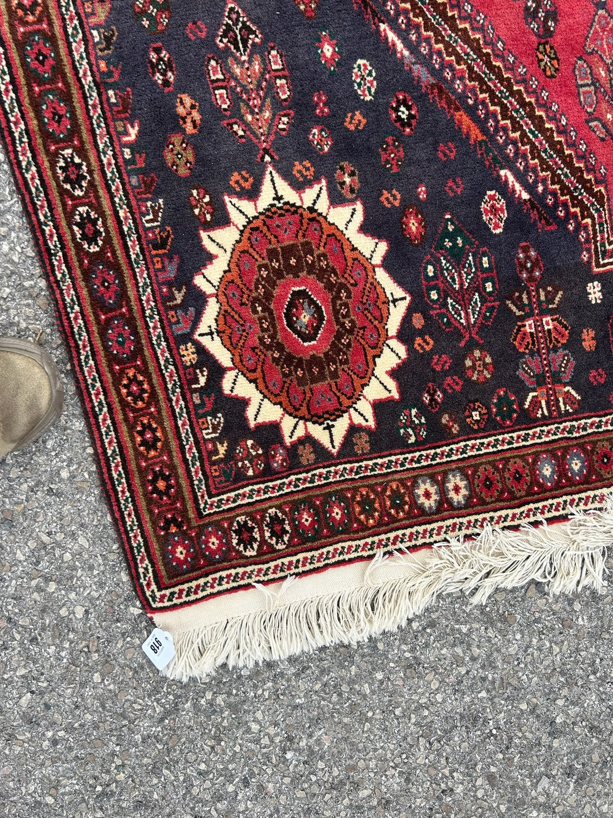 Vintage Oriental Rug Red Navy Central Medallion Floral Pattern Wool Fringed5