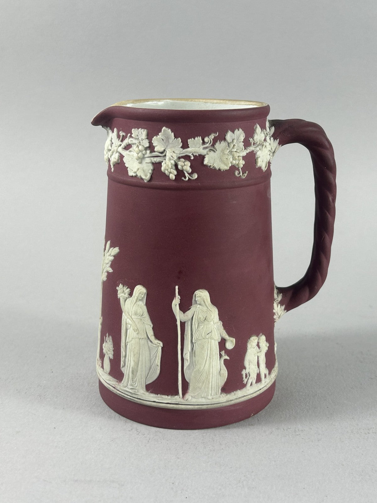 Antique Crimson Wedgwood Jasperware Classical Relief Pitcher 14cm