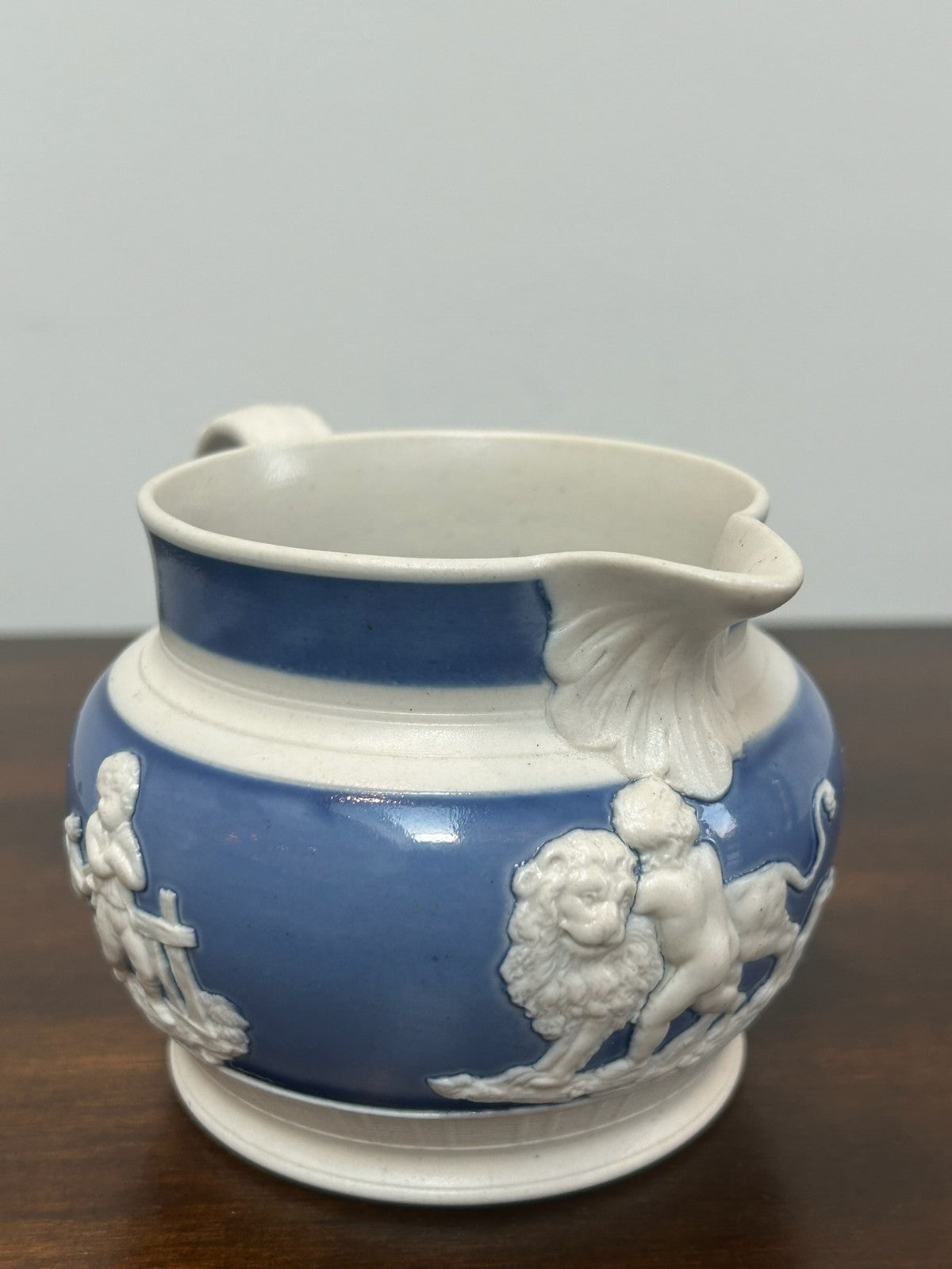 Antique Blue Feldspathic Stoneware Jug White Classical Sprig Relief c1820 Turner4