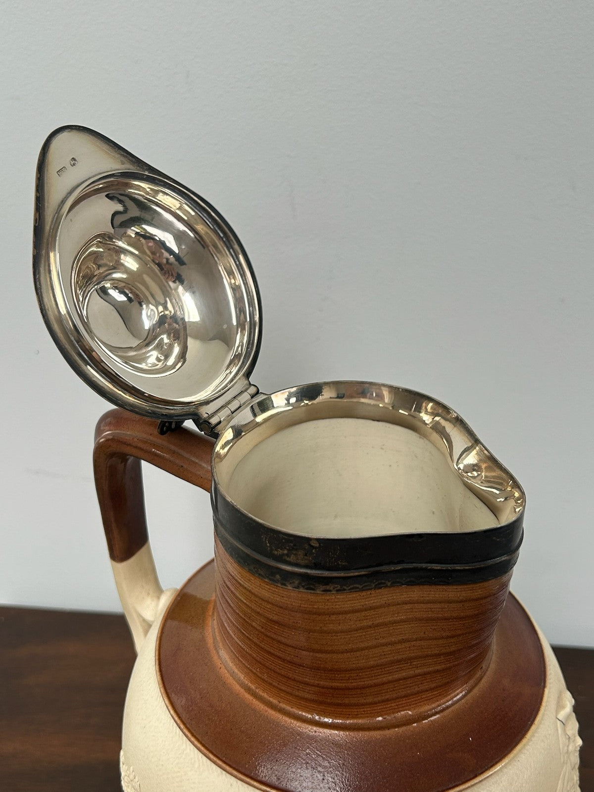 Large Turner Stoneware Jug Silver Lid 25cm c1800 Sprigged Hunting Georgian5