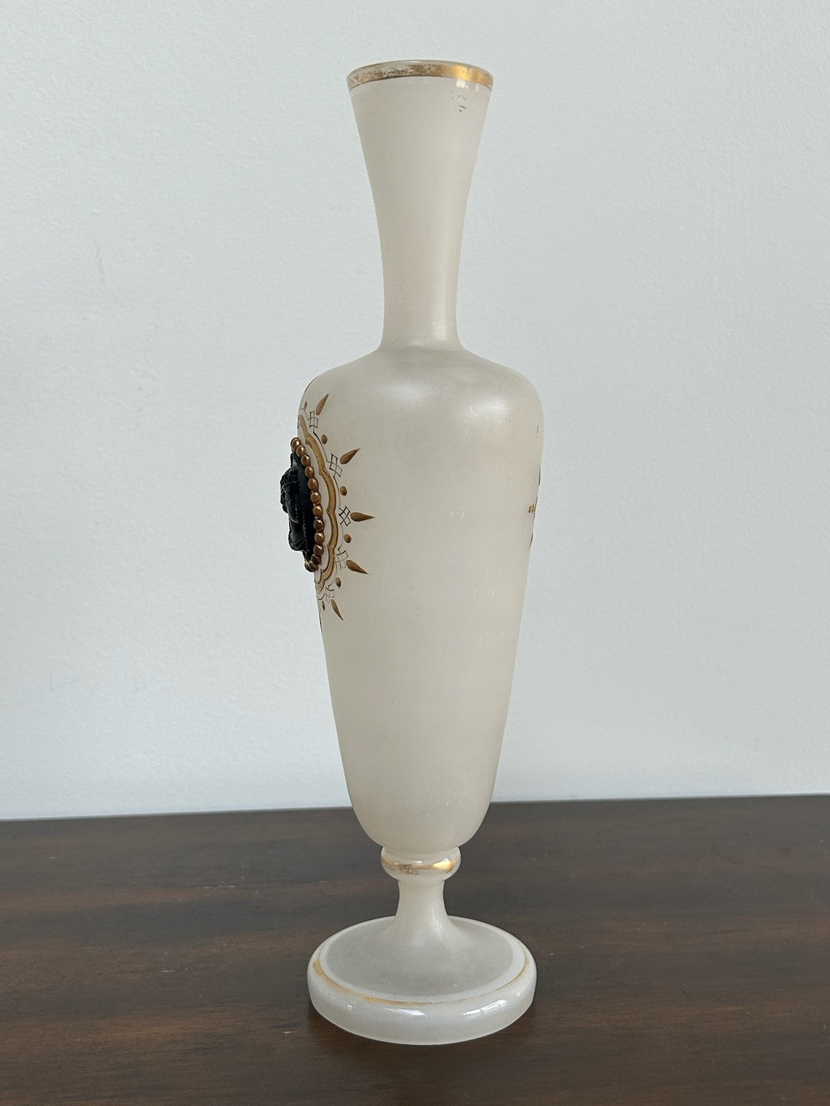 Antique Bohemian Opaline Glass Vase Black Cameo Gilt Sunburst1