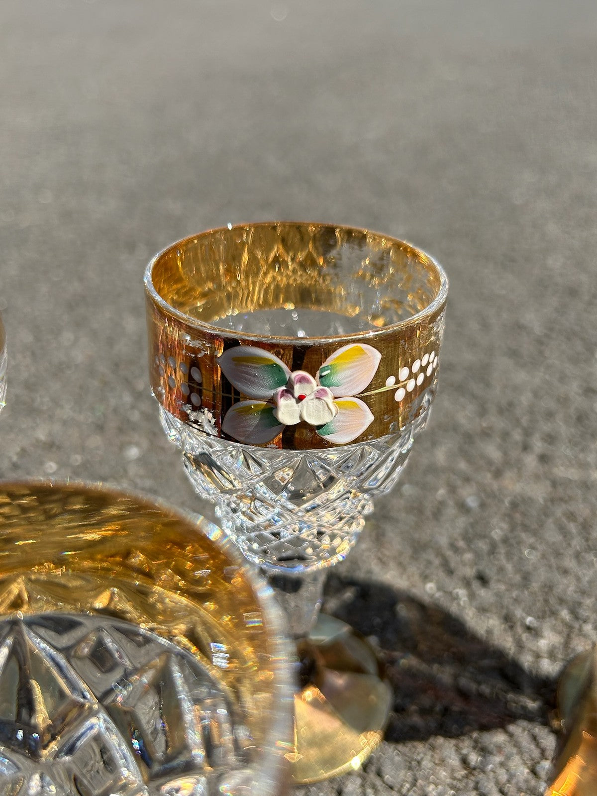 Set of 6 Bohemian Style Cut Crystal Wine Glasses Gilt Bands Enamelled Flowers8