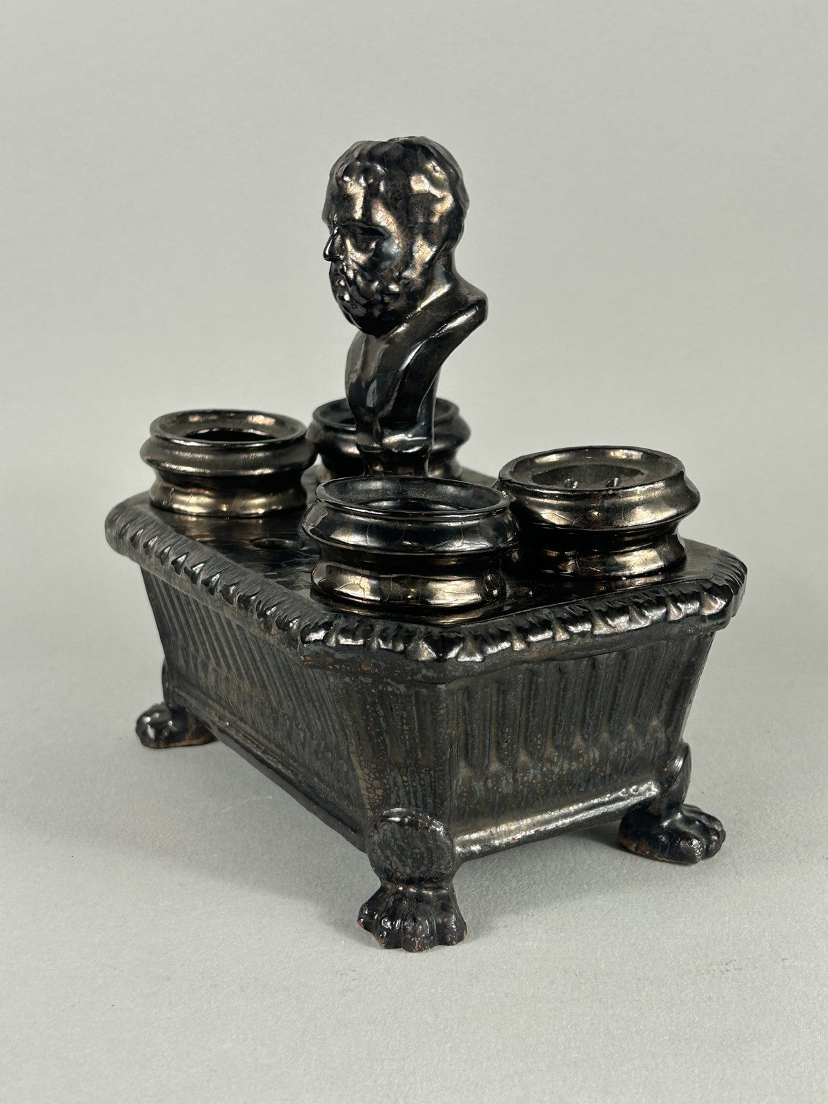 Early Staffordshire Silver Lustre Philosopher Inkstand with Four Pots