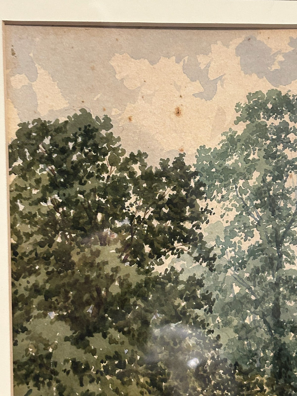 Antique Watercolour River Landscape Large Tree Figure on Bank Framed 43x50cm3