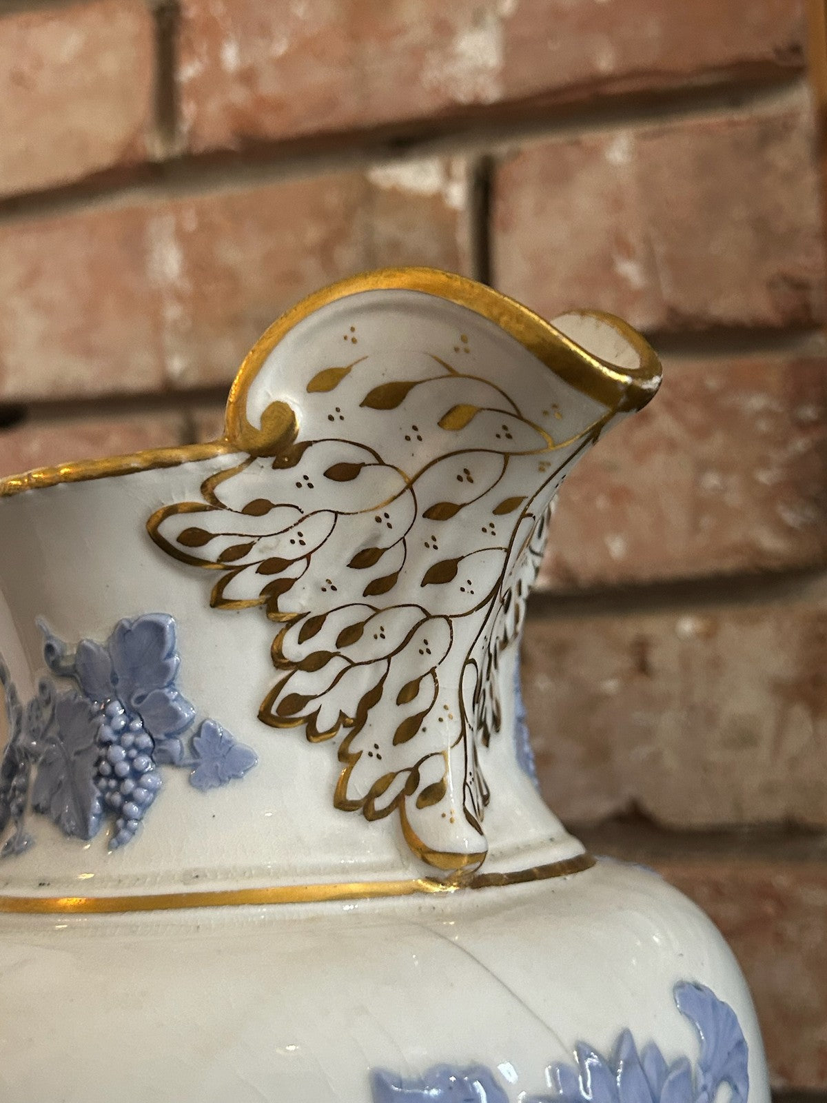 Antique Relief Moulded Jug Blue Sprigged Flowers Grapes Gilt Rim Victorian20