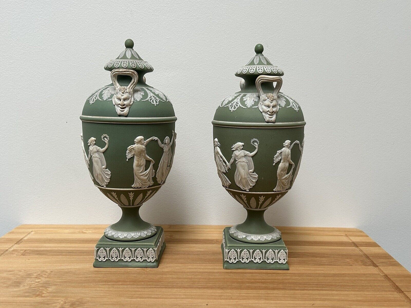 Wedgwood Pair Jasperware Twin Handle Vases Lidded Pair 23cm Urn Green