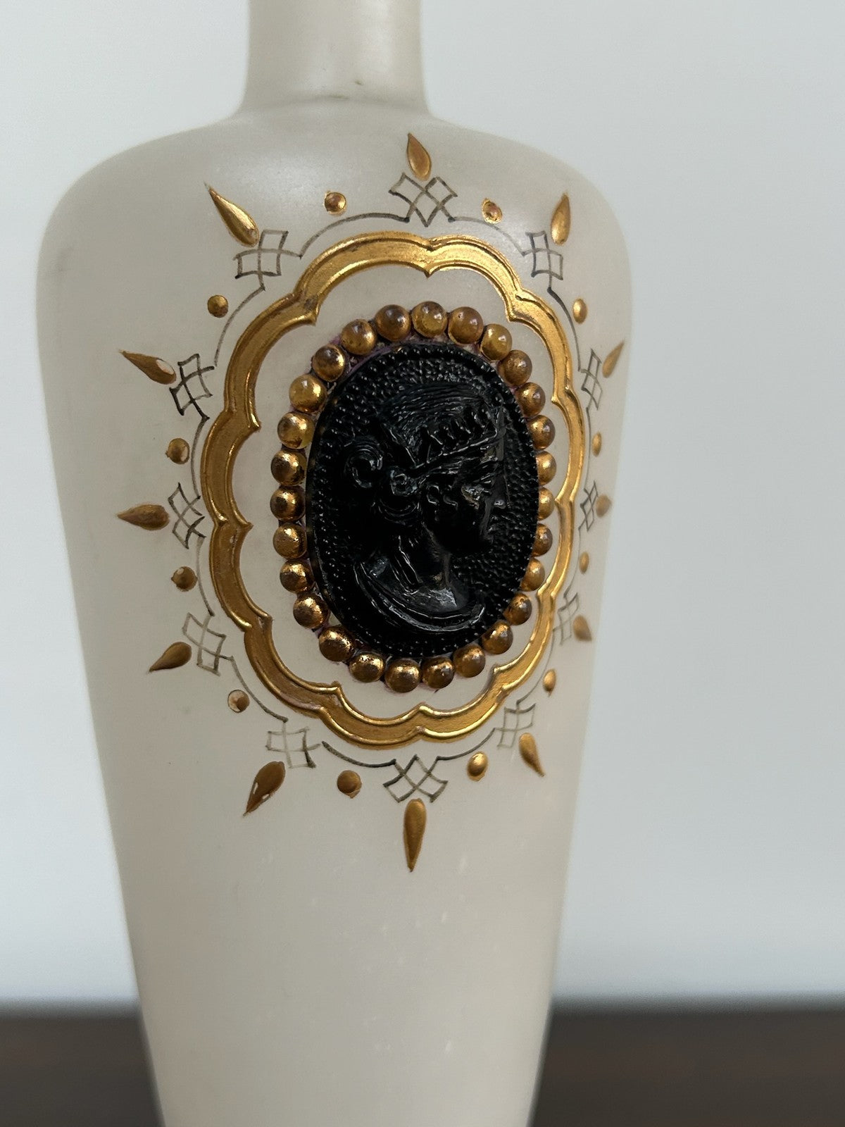 Antique Bohemian Opaline Glass Vase Black Cameo Gilt Sunburst4