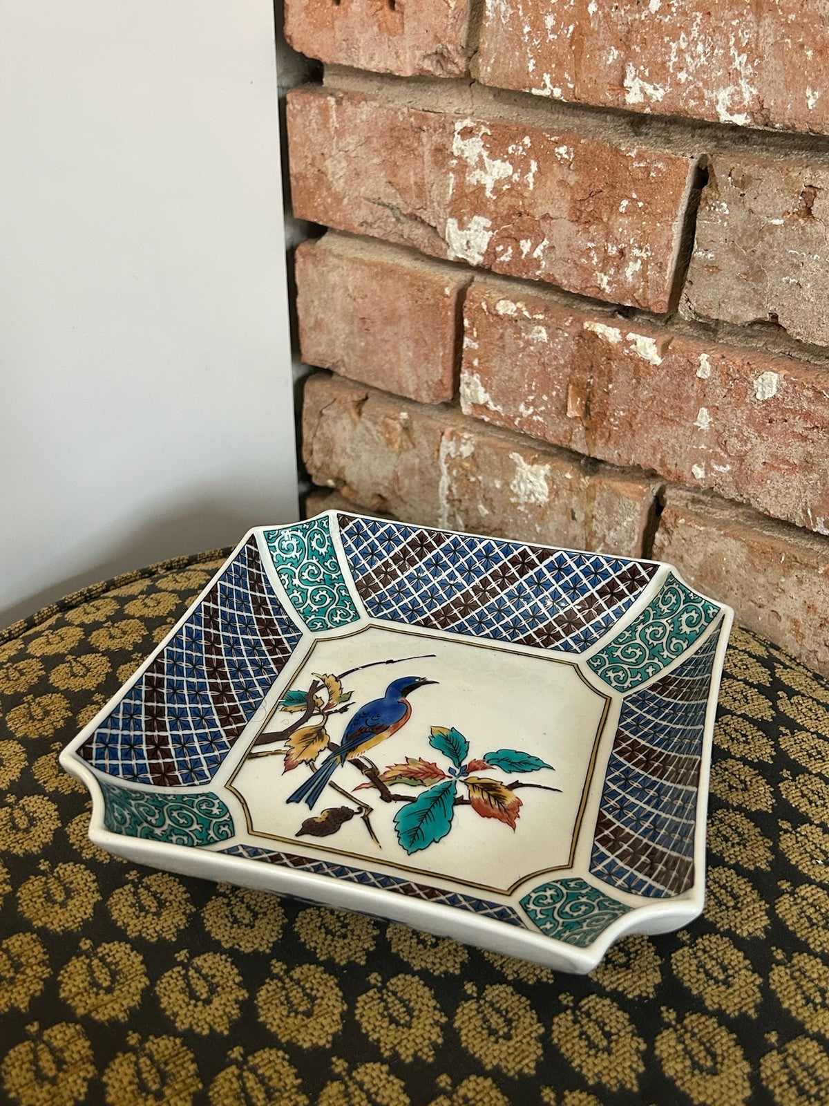 Japanese Kutani Porcelain Square Dish Autumn Bird Kiln Art Showa Hand Painted1