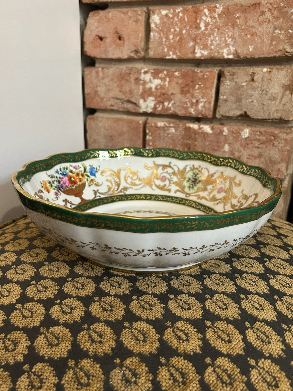 Le Tallec Paris Hand Painted Porcelain Bowl Green Gilt Border Floral Centre2