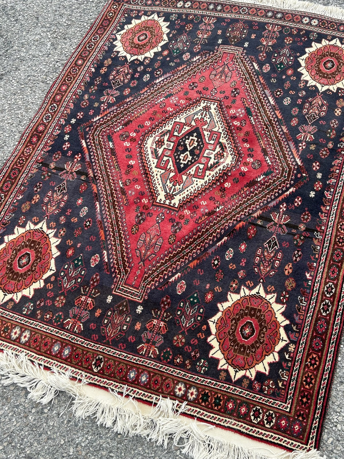Vintage Oriental Rug Red Navy Central Medallion Floral Pattern Wool Fringed2