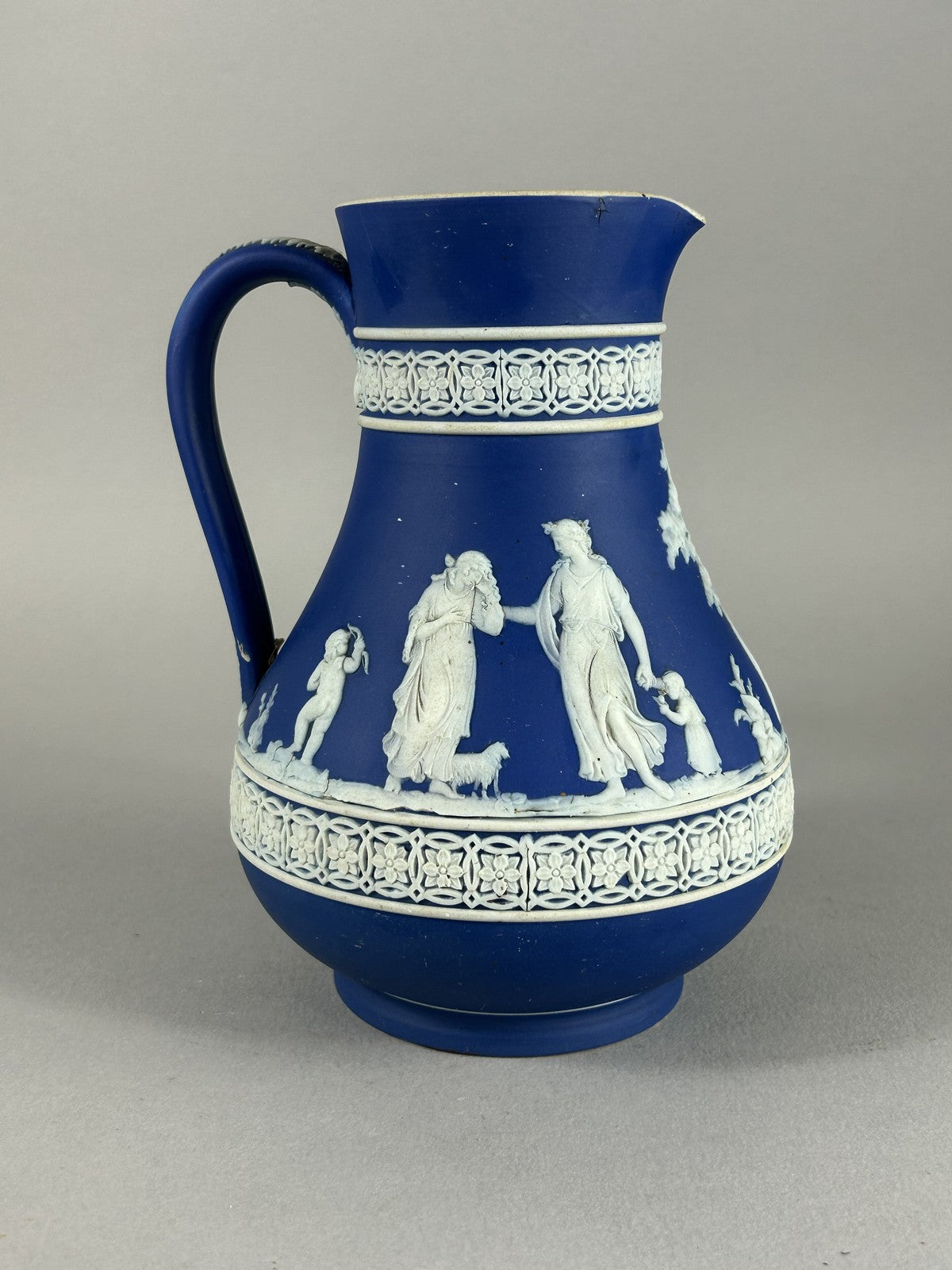 Antique Wedgwood Blue Jasperware Classical Relief Pitcher 18cm