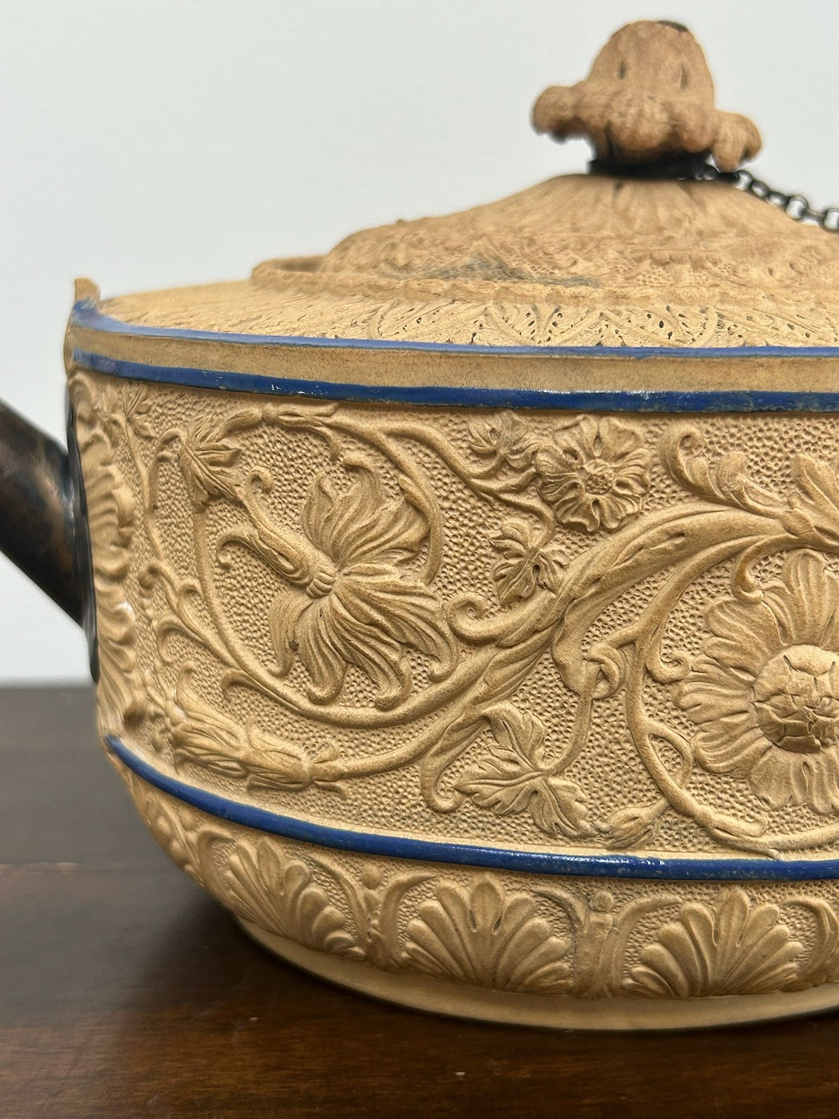 Antique Caneware Teapot Regency c1815 Relief Blue Line Silver Spout Stoneware3