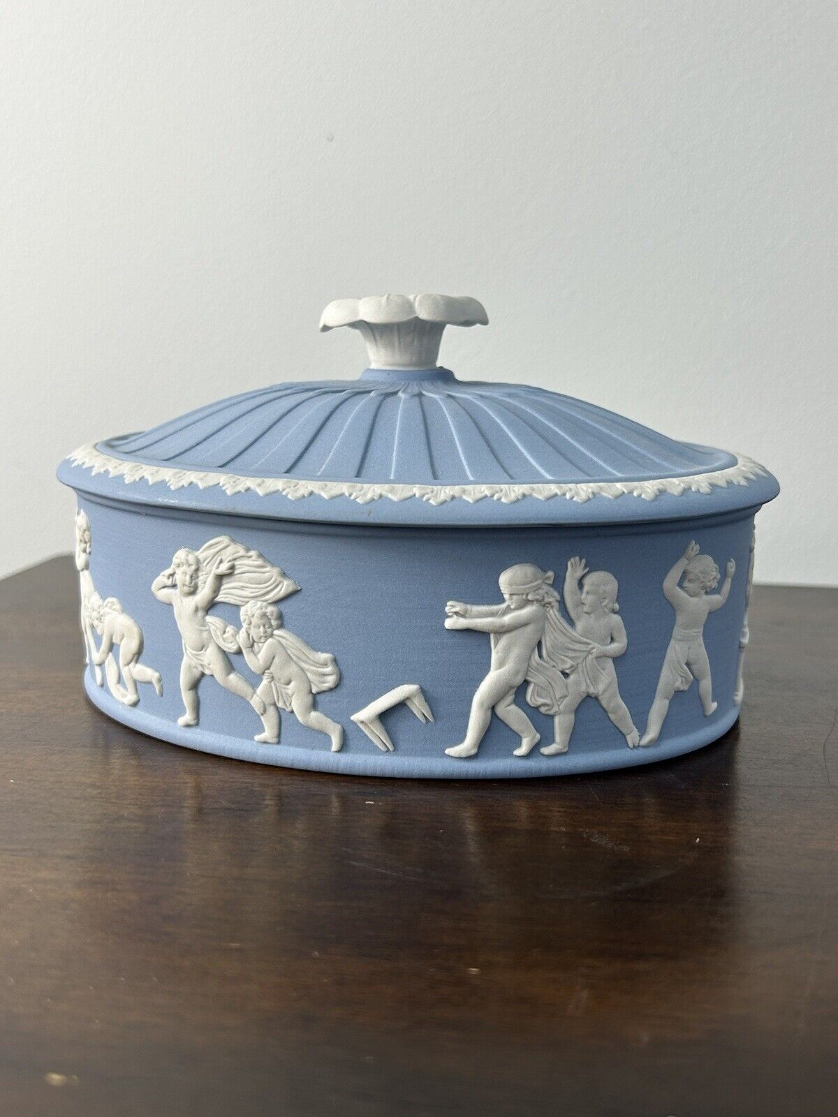 Wedgwood Blue Jasperware Blind Man's Buff Oval Lidded Box - 6.5" x 4.75"