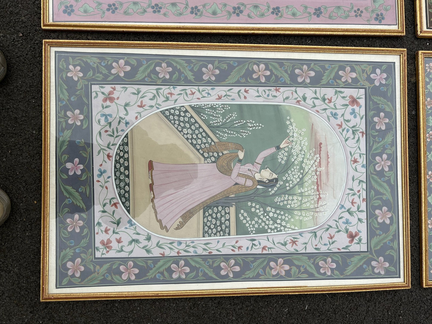 Set of 4 Framed Indian Paintings on Silk Vintage 1970s Love Scenes Large1
